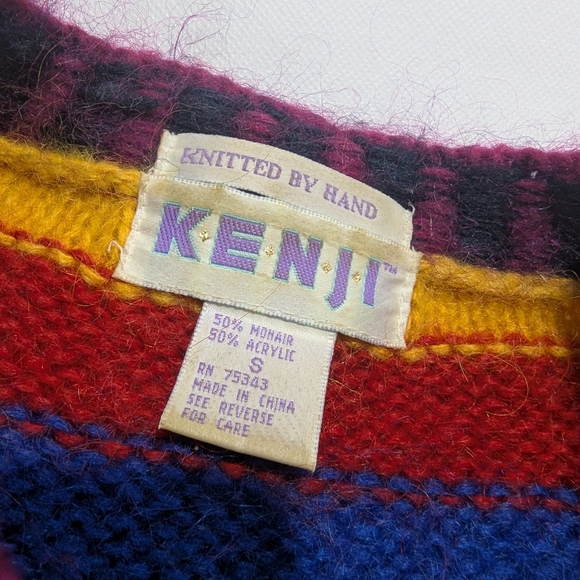 Vintage 1980's Rare Kenji Handknit Mohair Color Block Sweater Maximalist - Picture 6 of 8